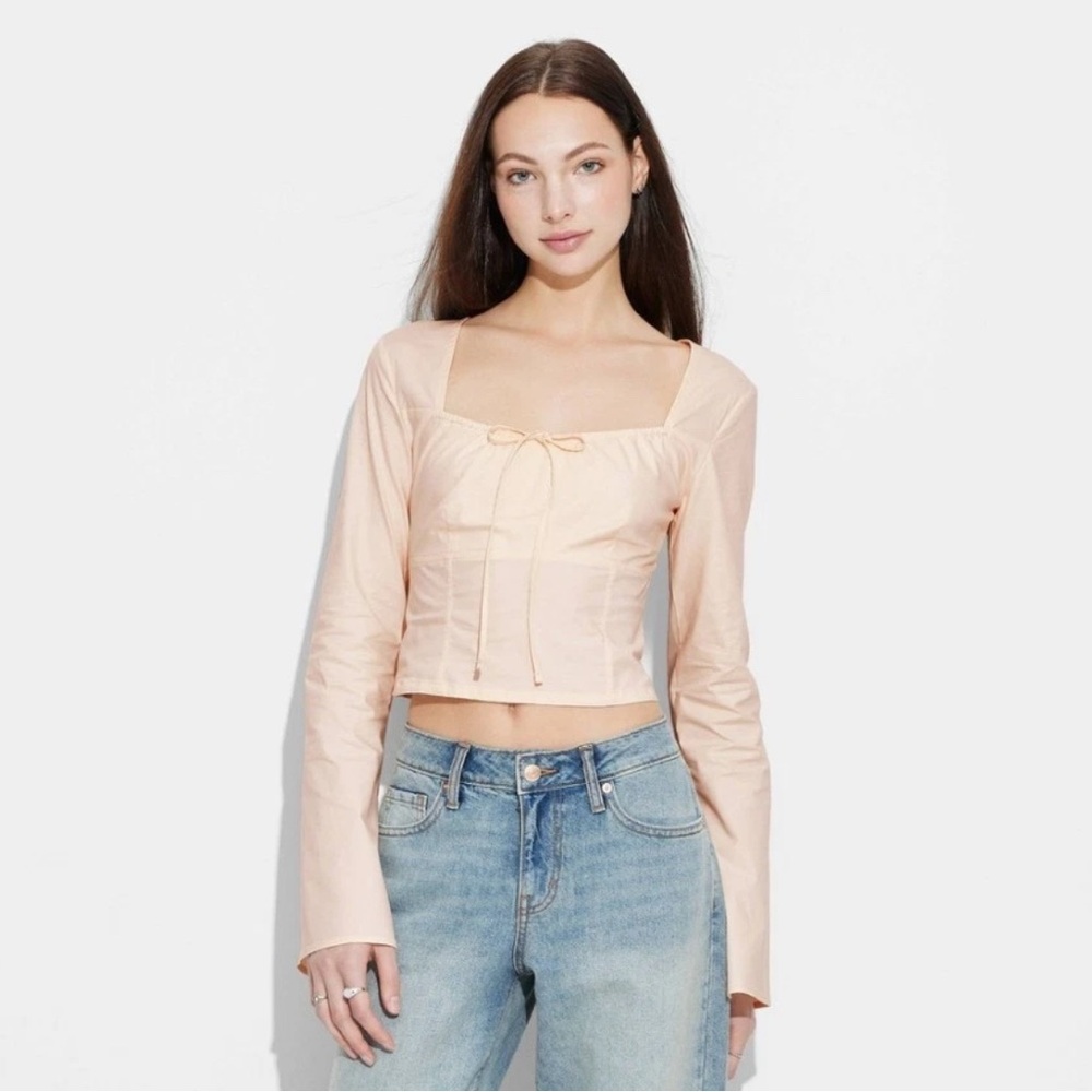 Wild Fable Milkmaid Crop Top Pale Peach Bell Sleeves